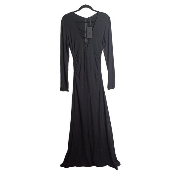 POETIC JUSTICE Criss Cross Lace Up V Neck Long Sleeve Black Maxi Dress Small NWT - Picture 3 of 7